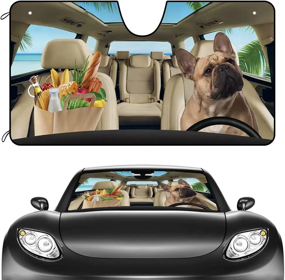 CafeTime Dogs Car Windshield Sunshade Funny French Bulldog in The Beach Vegetable Vehicle Front Windshield Sun Shade Visor UV Ra