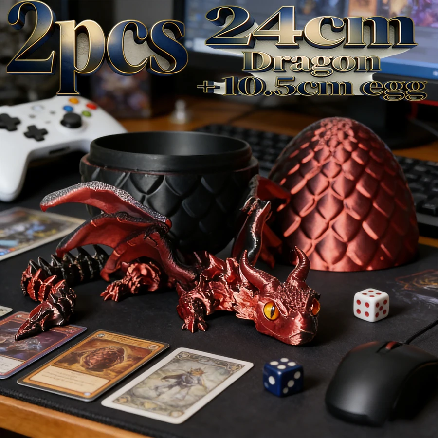 2 uds alas de dragón móviles flexibles impresas en 3D y una estatua de dragón con huevos de dragón, con escamas rojas y negras, alas flexibles
