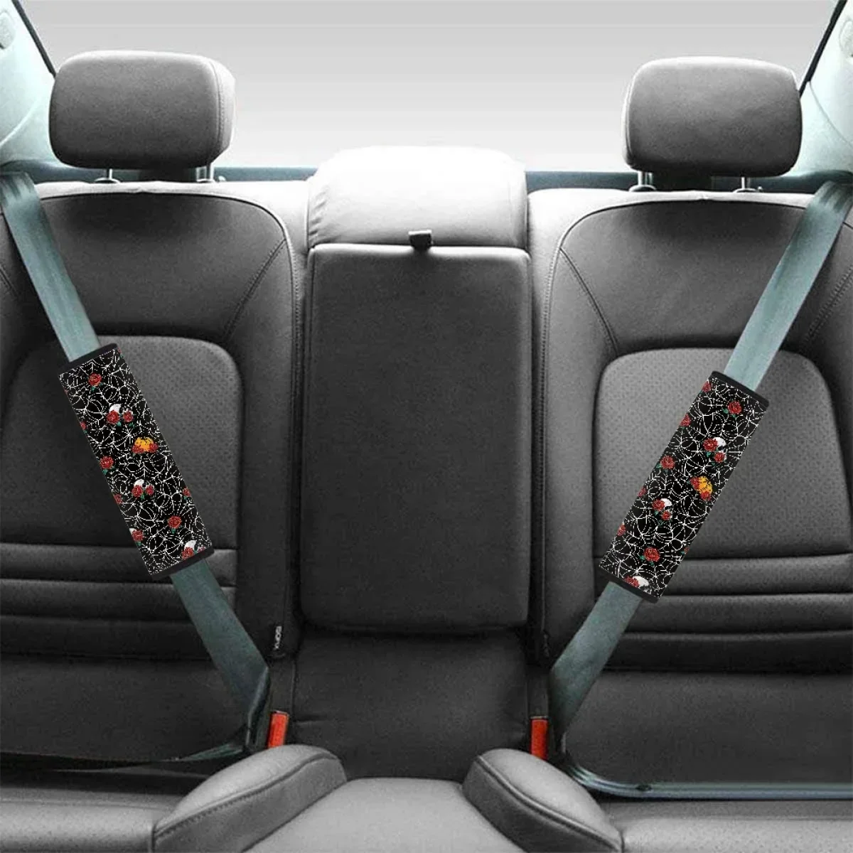 Scary Skull Spider Web Rose Print Car Seat Belt Pads Cover 2Pcs Durable Non-slip Washable Automotive Seatbelt Easy Installation