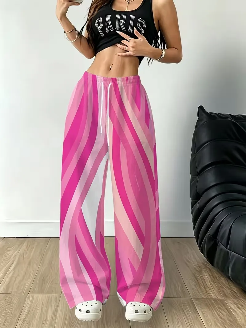 Ladies' casual pants, 3D striped printed loose straight leg pants, retro casual pocket drawstring strap versatile pants