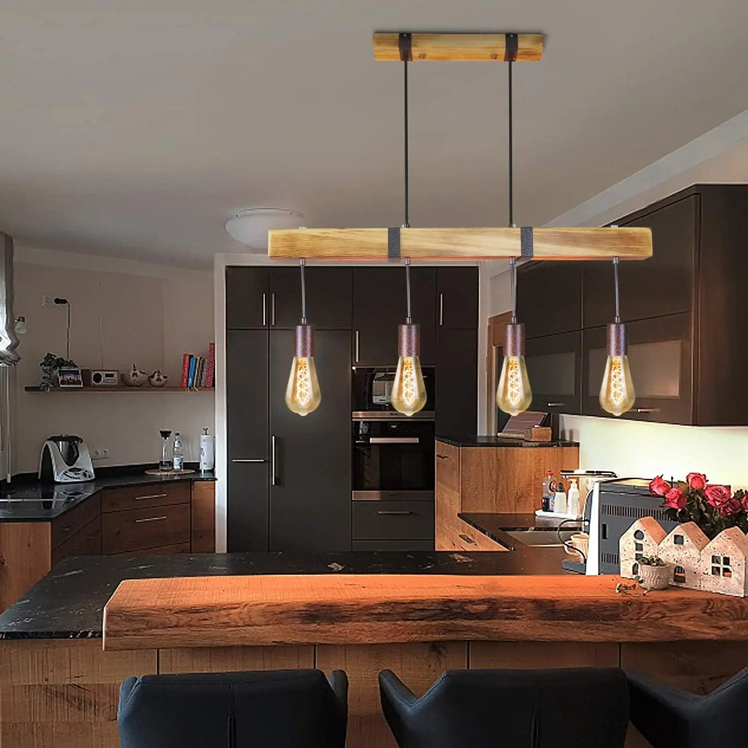 Vintage Pendant Light Wood Dining Table Lamp Retro Hanging Lamp Industrial Wooden Beam 4 X E27 for Kitchen Island Living Room - Image 2