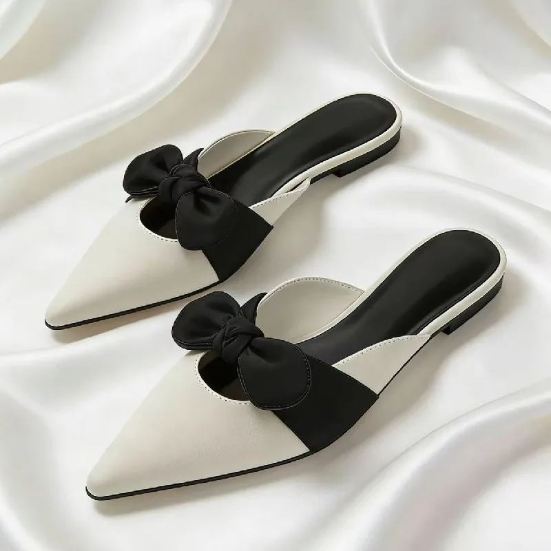 

Luxury Designer Flat Sandals for Women Bow Decoration Fashion Pointed-Toe Designer Loafers Summer Comfortable Soft-Soled Mules