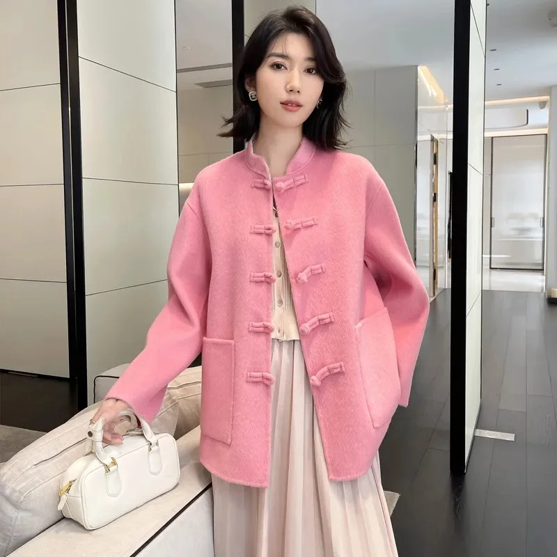 

Y2K Spring Autumn Woolen Jacket 2024 New Stand-Up Collar Coil Buckle Women's Clothes Coat Solid Colour Fashion Female Outeawer