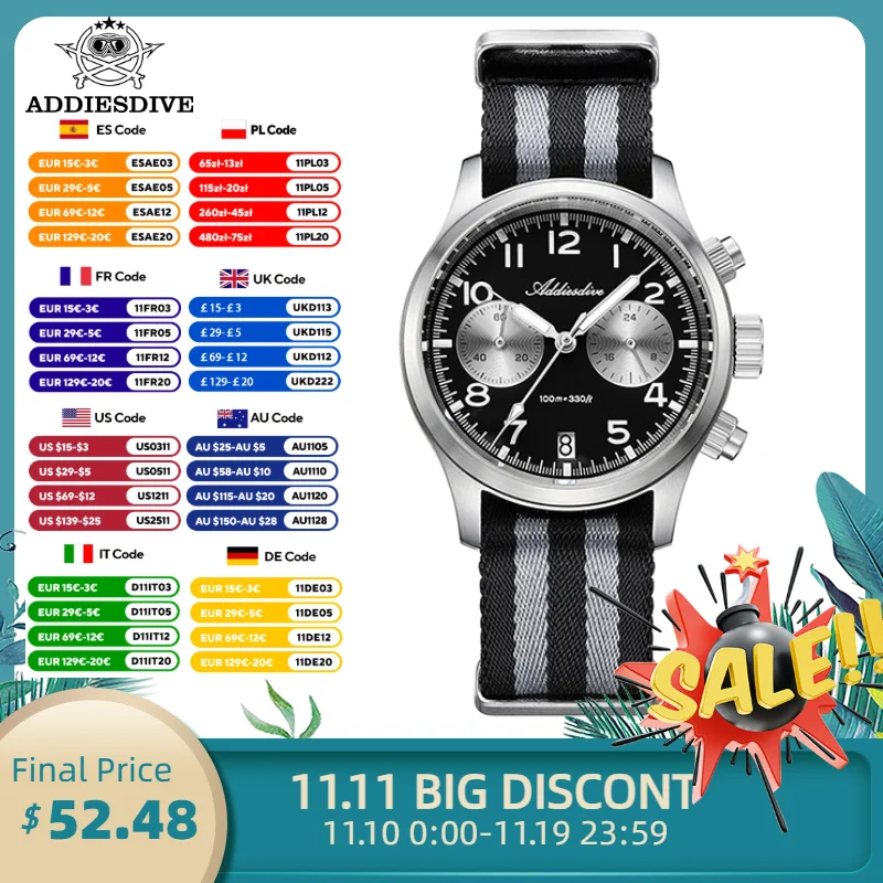 ADDIESDIVE Chronograph Quartz Watches VK64 Retro Panda Dial 39mm Sapphire Glass Men's Watch Waterproof Luminous Man WristWatch