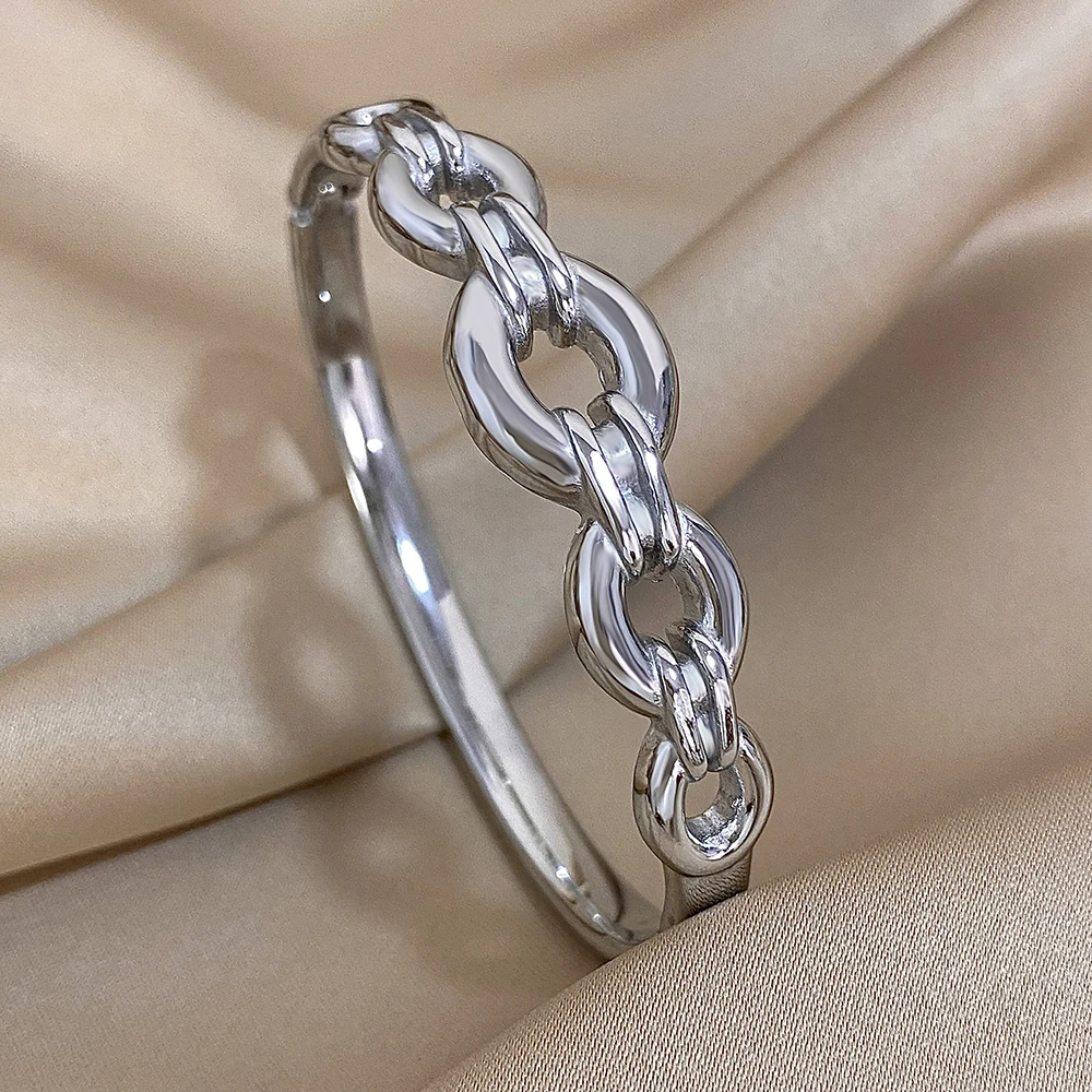 316L Stainless Steel Gold Plated Cuff Bangle Bracelets for Women Hollow Circle Link Geometric Waterproof Wristband Jewelry
