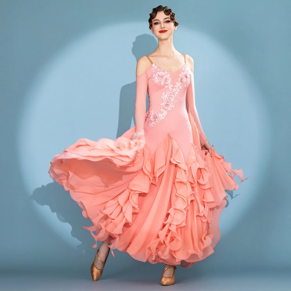 

Sling Modern Dance Costume Long Sleeve Heavy Industry High Quality Pink Competition Big Floating Elegant Women's Clothing