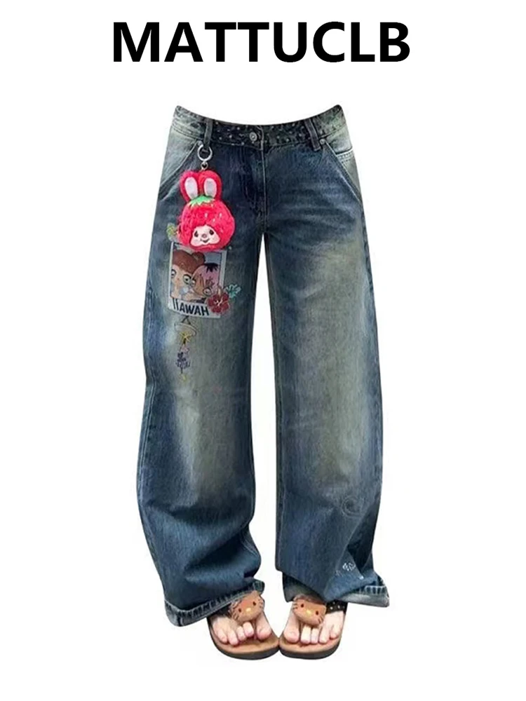 Women's Baggy Jean Denim Pants Cute Core Embroidery Y2K Japanese Harajuku Jean American Retro Tide Streetwear Designer Pantalone