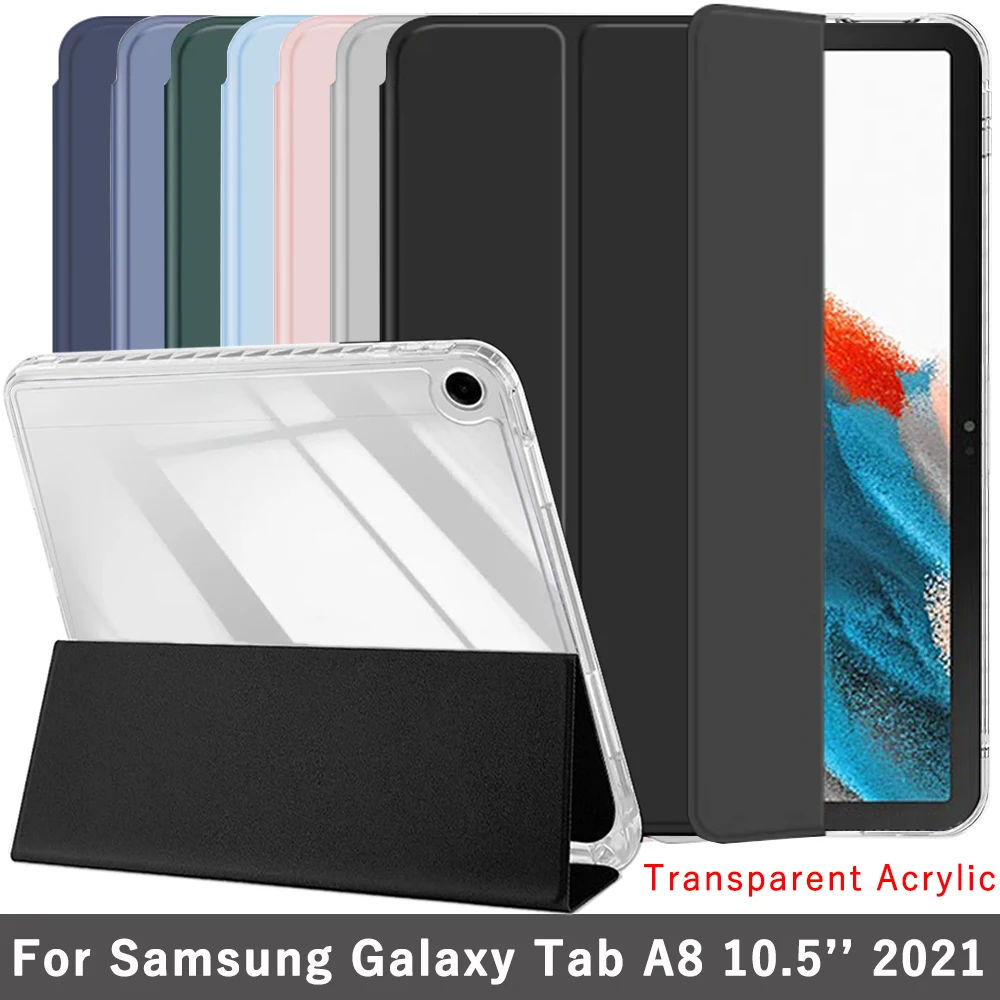 Klare Kristall-Tablet-Hülle mit Stiftschlitz für Samsung Galaxy Tab A8 10,5 Zoll 2021 SM-X200 SM-X205, dreifach faltbare magnetische Standhülle