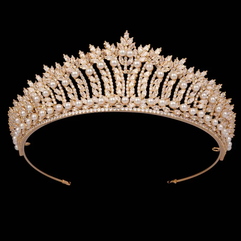 HADIYANA Gorgeous Attractive Pearls Princess Tiara Crown Cubic Zirconia Shining Women Wedding Crown BC7215 Girls Head Jewelry