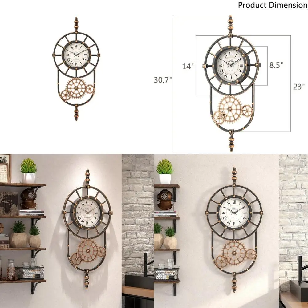 

Large Industrial Steampunk Decor Vintage Wall Clock, Antique Gold Black Metal Wall Clocks for Living Room Farmhouse (23" H x 14"