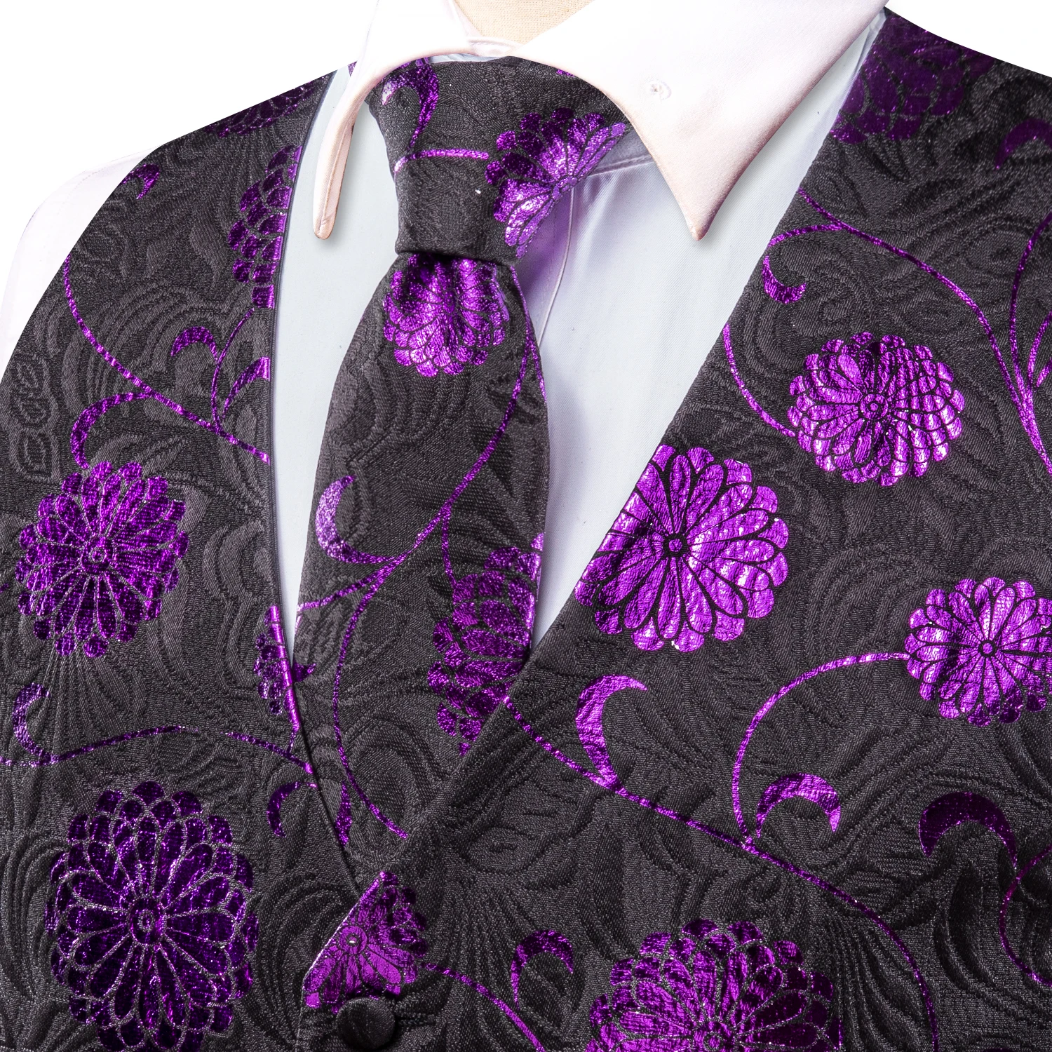 Novelty Mens Silk Vest Purple Black Jacquard Sleeveless Waistcoat Jacket Necktie Hanky Cufflinks Set Wedding Business Hi-Tie