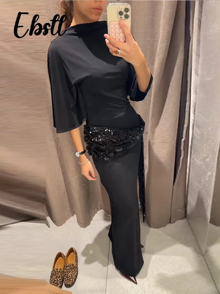 Sexy Pailletten Splitsen Backless Jurken Vrouwen Elegante Korte Mouw O-hals Linten Lange Gewaden 2026 Lente Nieuwe Dames Chic Jurk