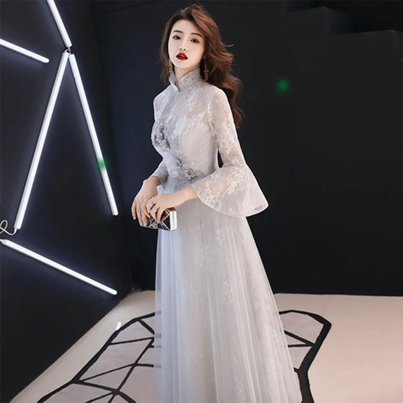 Shiny Grey Evening Dress A-line Formal Occasion Empire New 2024 Prom Gown Zipper Lace Stickers Seven Quarter Sleeves Long Skirt