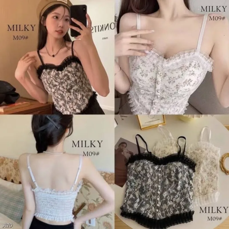 

Y2k Tops French Floral Wood Ear-hem Camisole Women's Outer Wear with Breathable Lace Back-beautiful Underwear for Summer