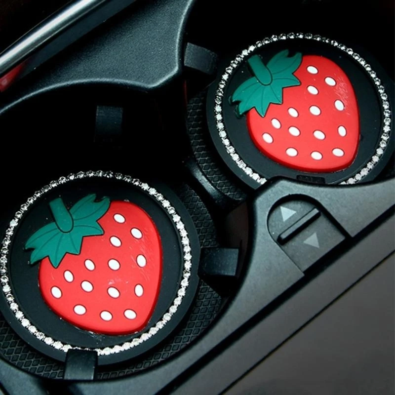 

Cartoon Strawberry Car Coasters Round Silicone Anti-Slip Mat Durable