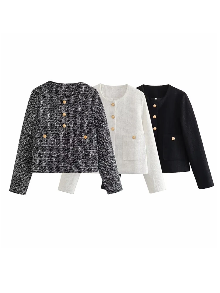

Элегантный твидовый блейзер, женский шикарный повседневный однобортный однобортный укороченный пиджак с круглым вырезом и длинными рукавами, новинка 2025 года, осенняя модная офисная куртка