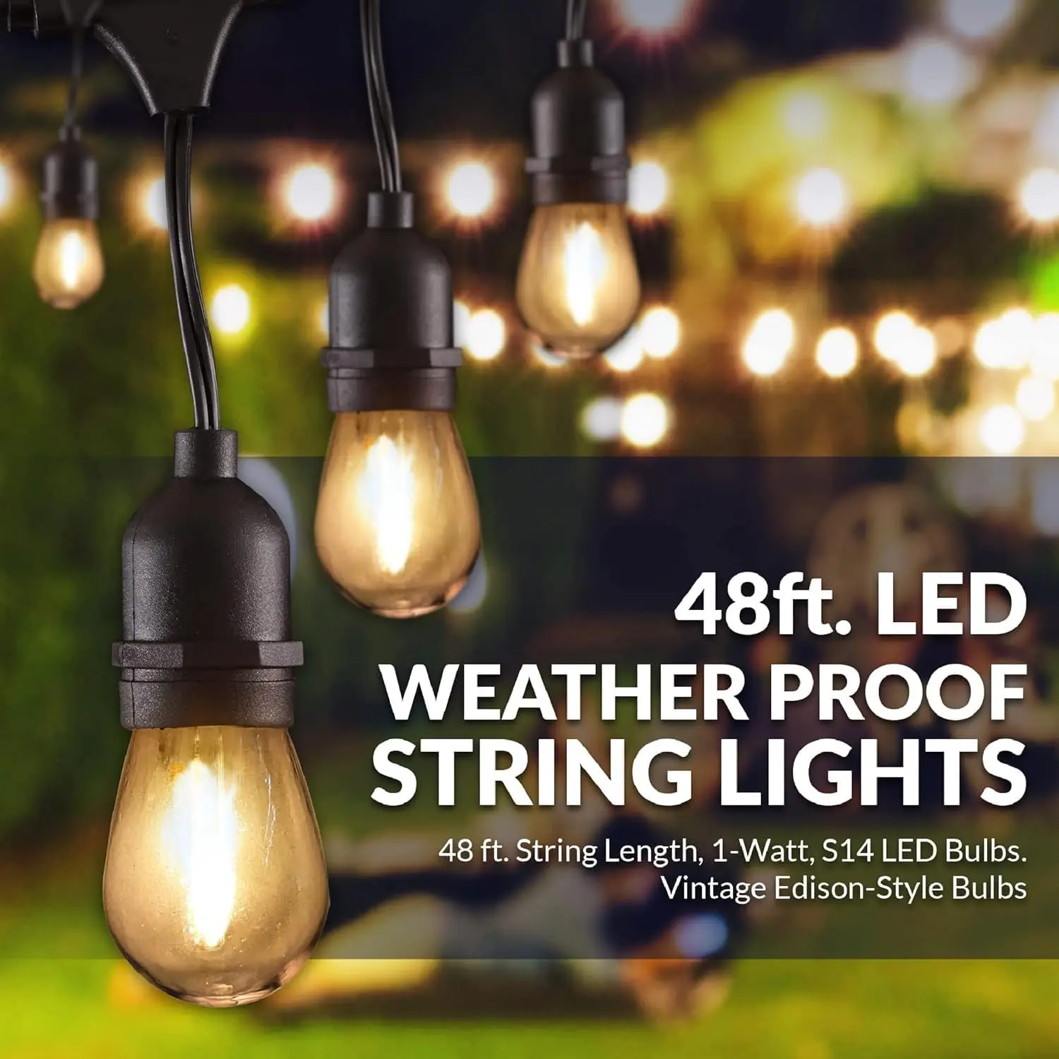 Outdoor String Lights with Hanging Sockets Weatherproof Technology Heavy Duty 48-foot Cord 18 Lights Bulbs