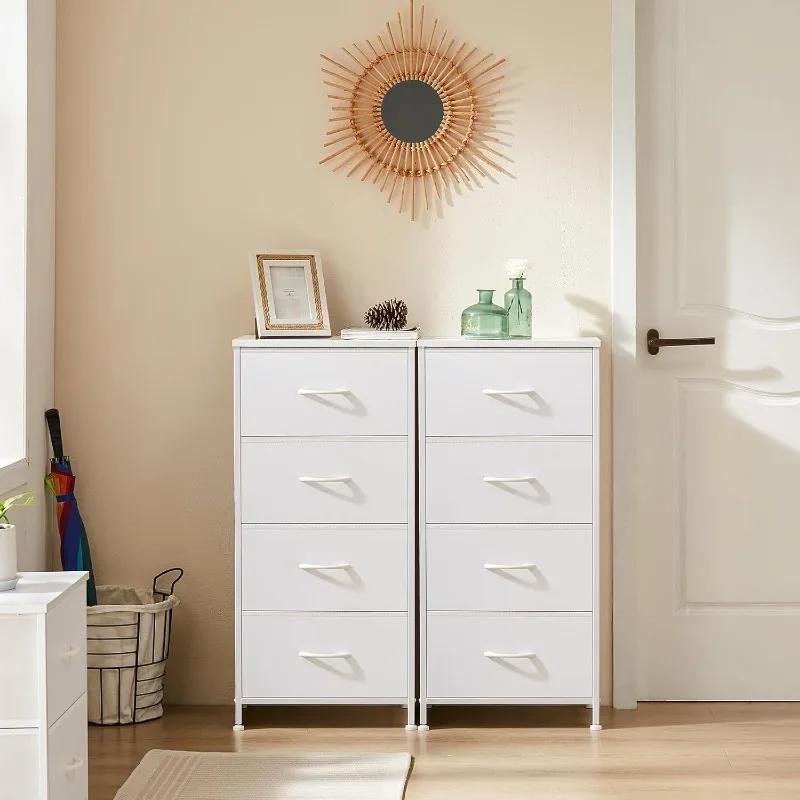 

Nightstand with 4 Drawers Bedside Table with Removable Fabric Bins Sturdy Steel Frame Wood Top Organizer Furniture