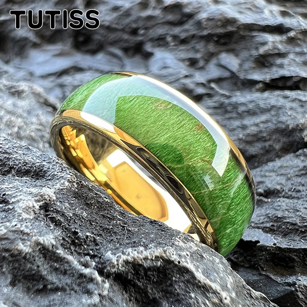 

TUTISS 8mm Men's and Women's Tungsten Ring Round Top Groove Inlaid with Blue Green Wood Fashion Gift for Comfortable Fit