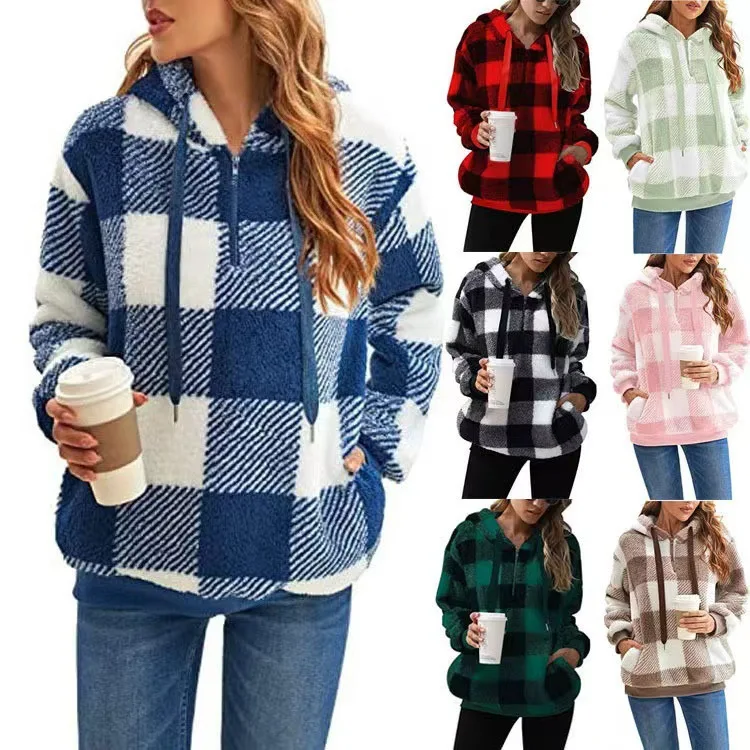 

Women Plaid Sweatshirts Casual Hoodies Fuzzy Patchwork Long Sleeves Loose Fit Slight Strech Thick Office Lady 2025 Autumn Winter