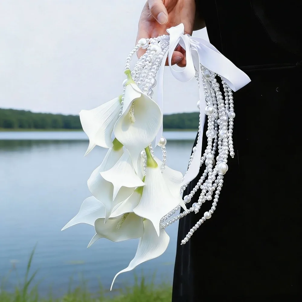 Pearl Handle Bridal Bouquet Satin Ribbon White Blossom Wedding Flowers Lightweight Carry Artificial Silk Top Handle Bouquet
