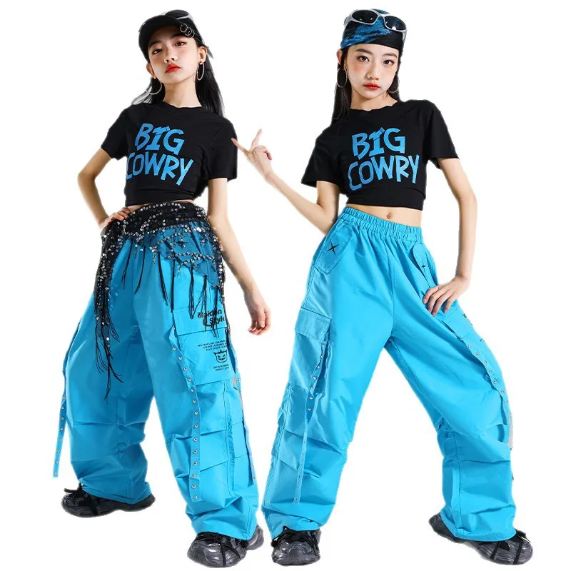 

Girls K-pop Clothing Crop Top Dance Blue Joggers Cargo Pants Child Hip Hop Girl Group Clothes Sets Kids Streetwear Jazz Costumes