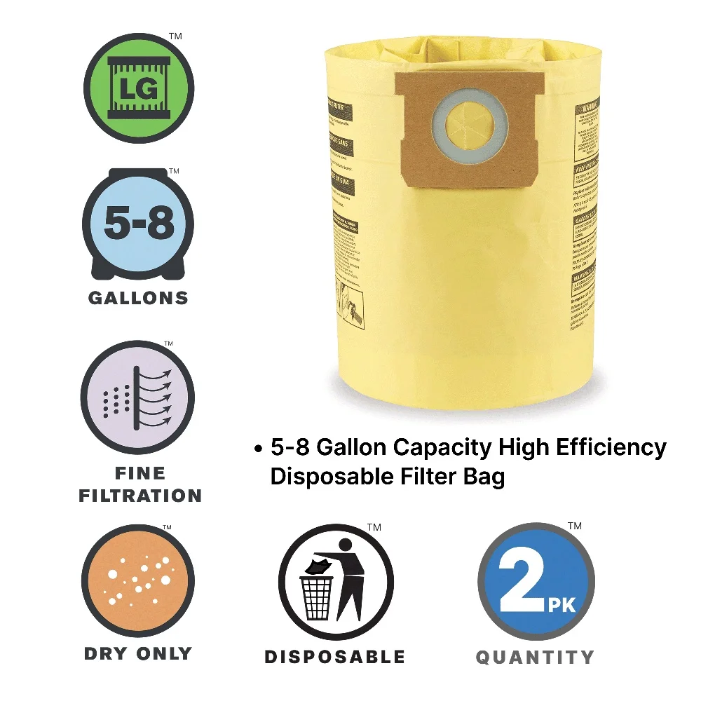 أكياس فلتر عالية الكفاءة للاستعمال مرة واحدة، عبوة من قطعتين من المواد الجافة والغبار الناعم وغير الخطرة المتوافقة مع Shop Vac 5-8 جالون