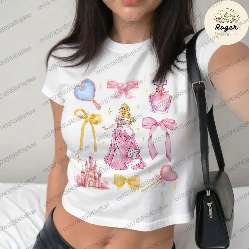 Watercolor Coquette Bows Disney Princess 3D Tee Summer Women Tshirt Y2kStyle Umbilical Tshirt Fashion Casual Sexy Streetwear Tee