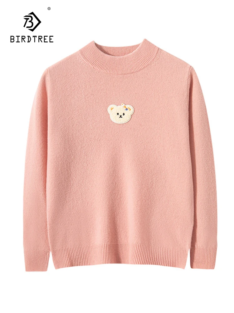 BirdTree, 100%Pure Wool Elegant Sweater, Children Mock Neck Long Sleeve, Kids Cute Loose Knit Sweater, 2024 Fall Winter T47065QC