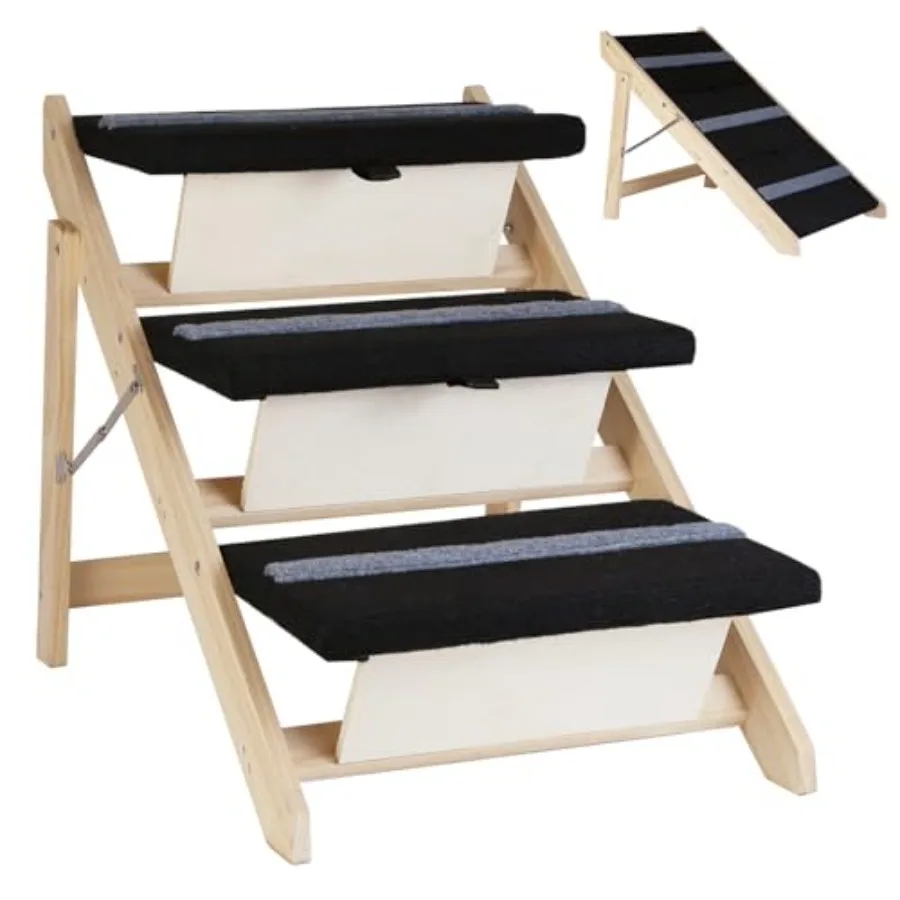 

2-in-1 Indoor Pet Ramp Wooden Folding 3-Tier Pet Stairs with Non-Slip Carpeted Steps in Beige Ideal for Bed and Couch Access