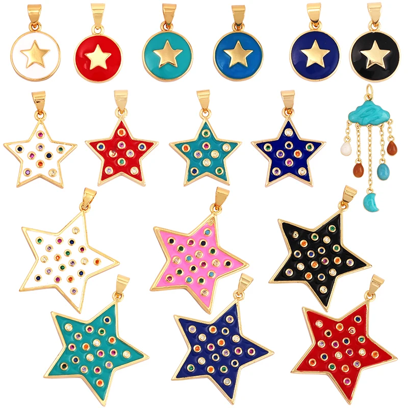 2022 New Star Coin Enamel Charm Neon Pink Orange Turquoise Blue Oil Dropped,Real Gold Plated ,Necklace Bracelet Pendant M97