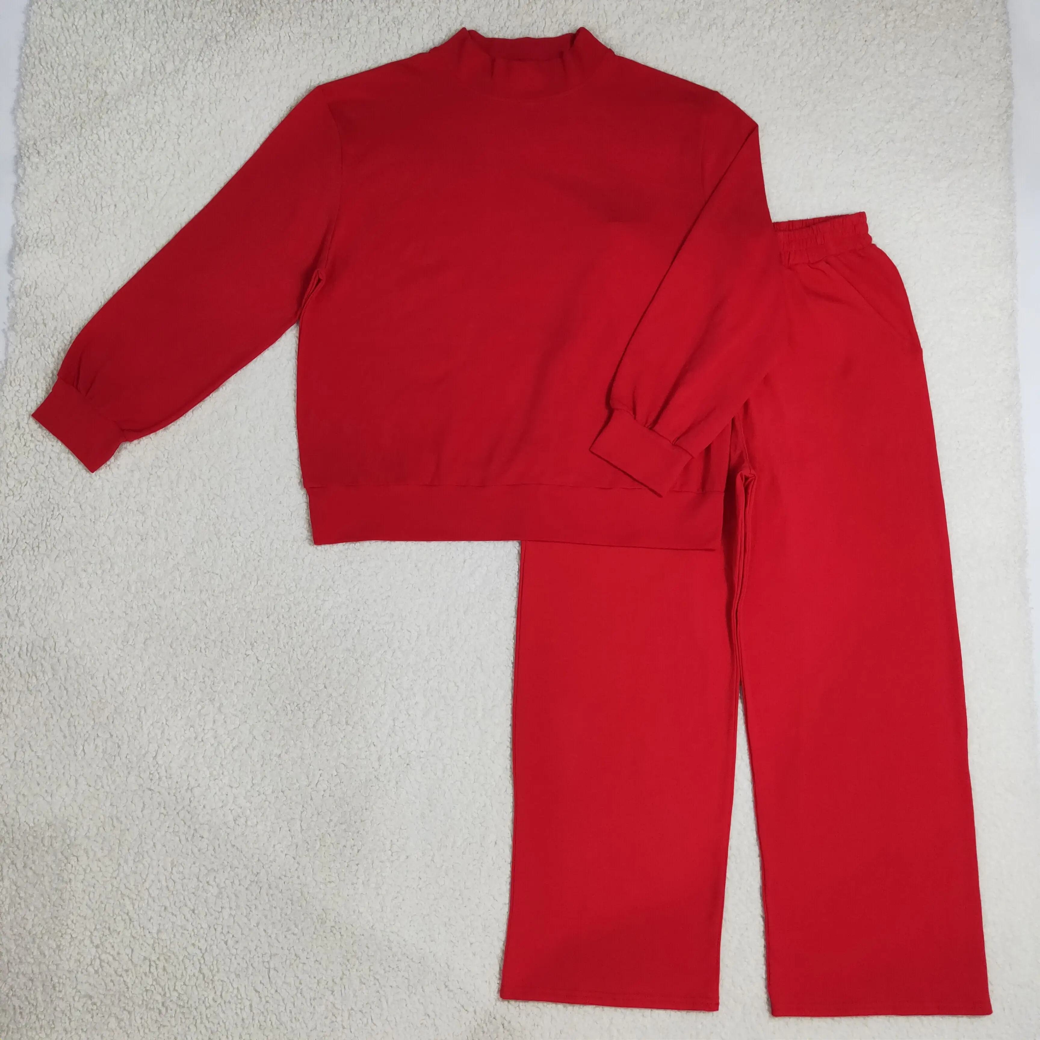 Wholesale Adult Woman Long Sleeves Red Pullover Shirt Set Pockets Pants Outfit Women Girls Cotton Clothing