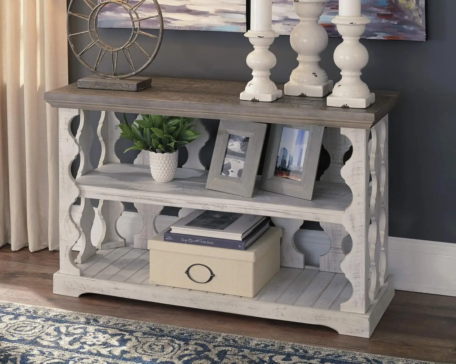 Farmhouse Sofa Table with 2 Fixed Storage Shelves, Gray & White with Weathered Finish