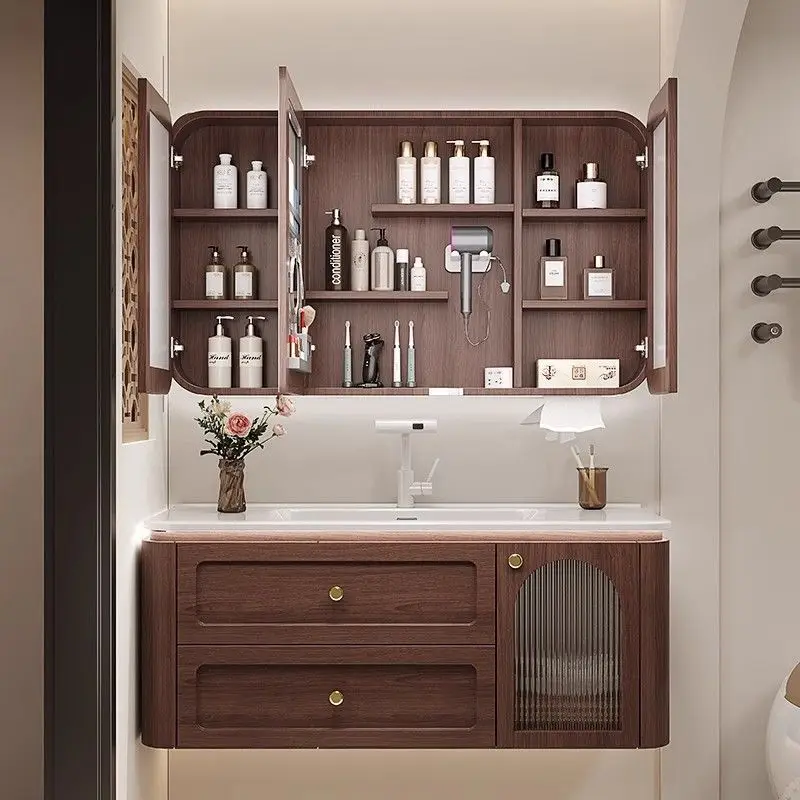 

New Medieval Bathroom Cabinet Ceramic Integrated Basin Walnut Color Solid Wood Multilayer Bathroom Washbasin Cabinet Integrated
