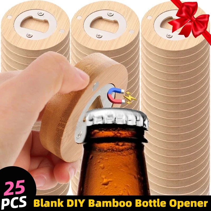 

25PCS DIY Bamboo Bottle Opener Portable Round Magnet Bottles Opener Kitchen Barware Tools Wedding Party Favors Bottle Openers