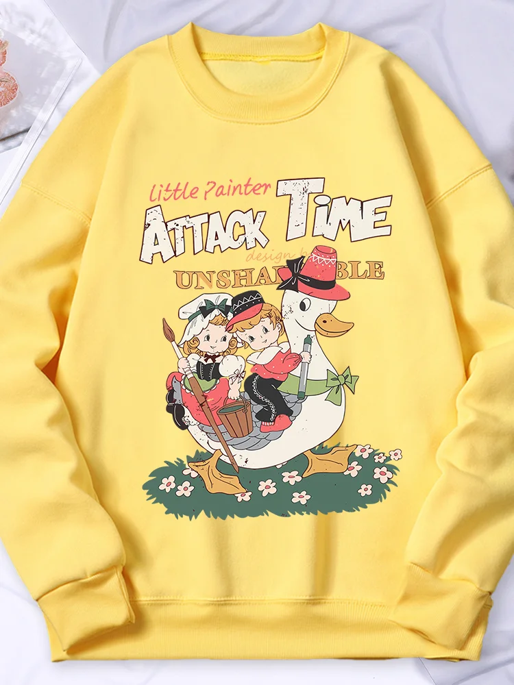 

Original Cute Duck Retro Printed Sweatshirt Women Fleece Soft Warm Hooded Simple Casual Hoodies Autumn Loose Streetwear Female