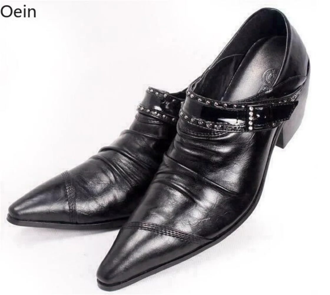 

Mens Real Leather Pointed Toe Med Cuban Heels Rivets Formal Buckle Club Shoes Wingtip Dress Business Black White Wedding New