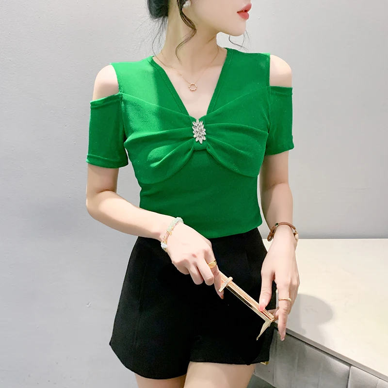 T-Shirt Noir à Manches Courtes et Col en V pour Femme, Vêtement Chic, Sexy, Évidé, Diamants Brillants, Nministériels d Papillon, Style Coréen, Été, 2024, Nouveau, 46040