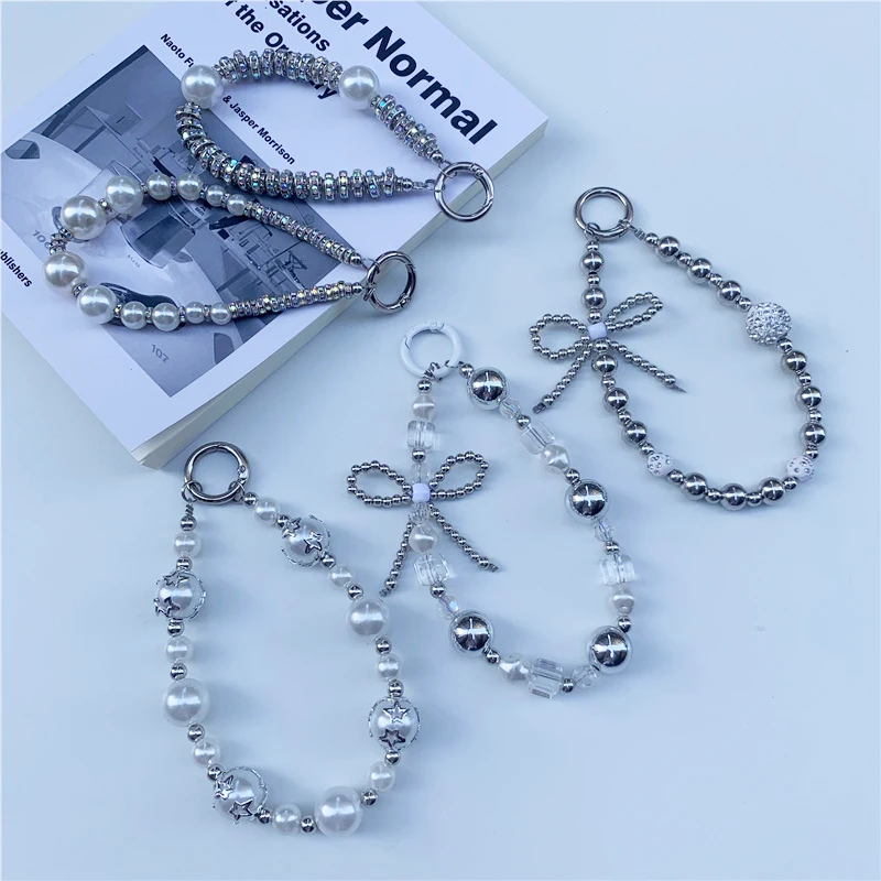 

Luxury Pearl Crystal Bead Key Wrist Chains Rhinestone Lanyard for iPhone Xiaomi Vivo Universal Jewelry Anti-Lost Pendant Charm