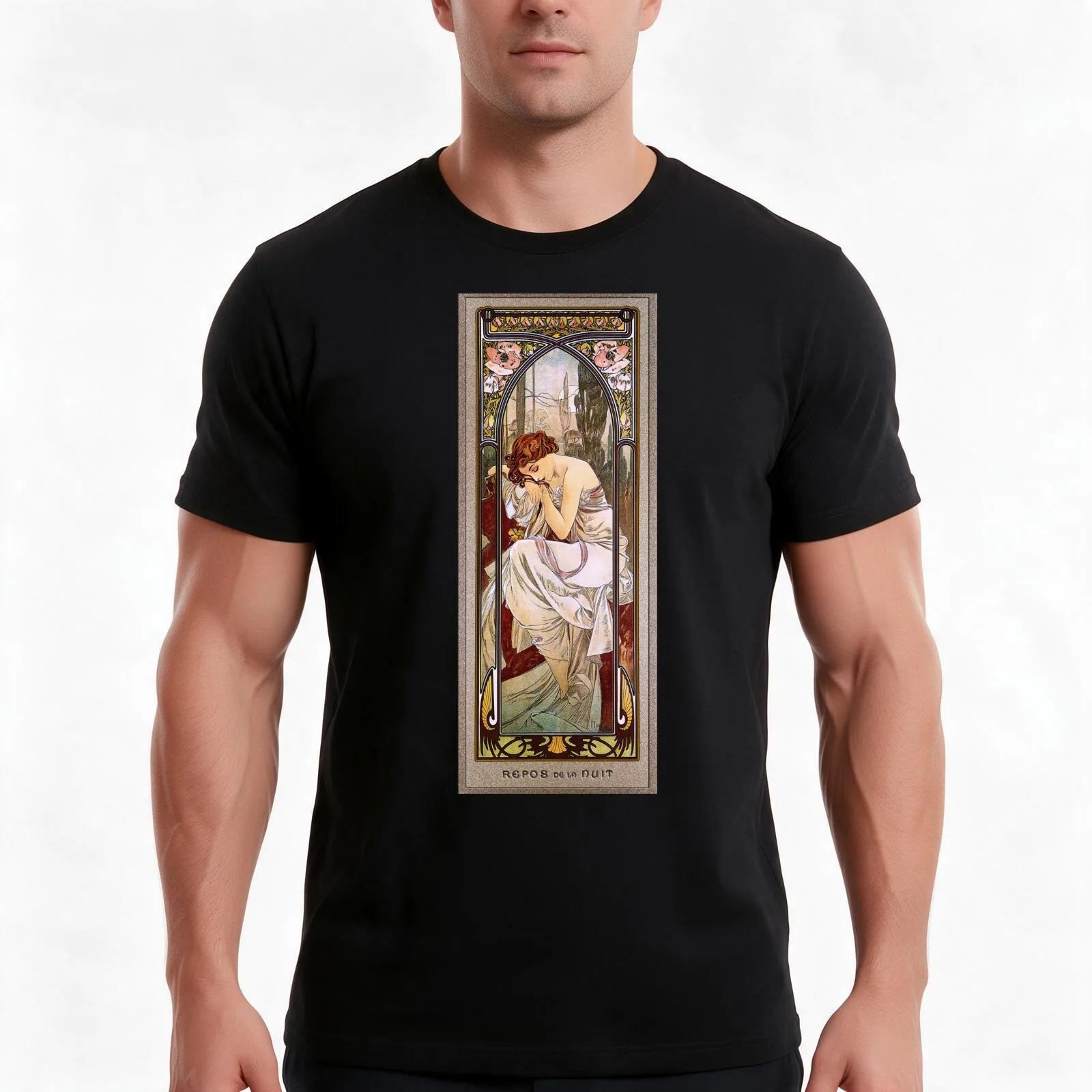 Rest Of The Night by Alphonse Mucha - Old Masters Paintings Reproduction T-Shirt, Summer Casual Cotton Tee, Unisex Men Women