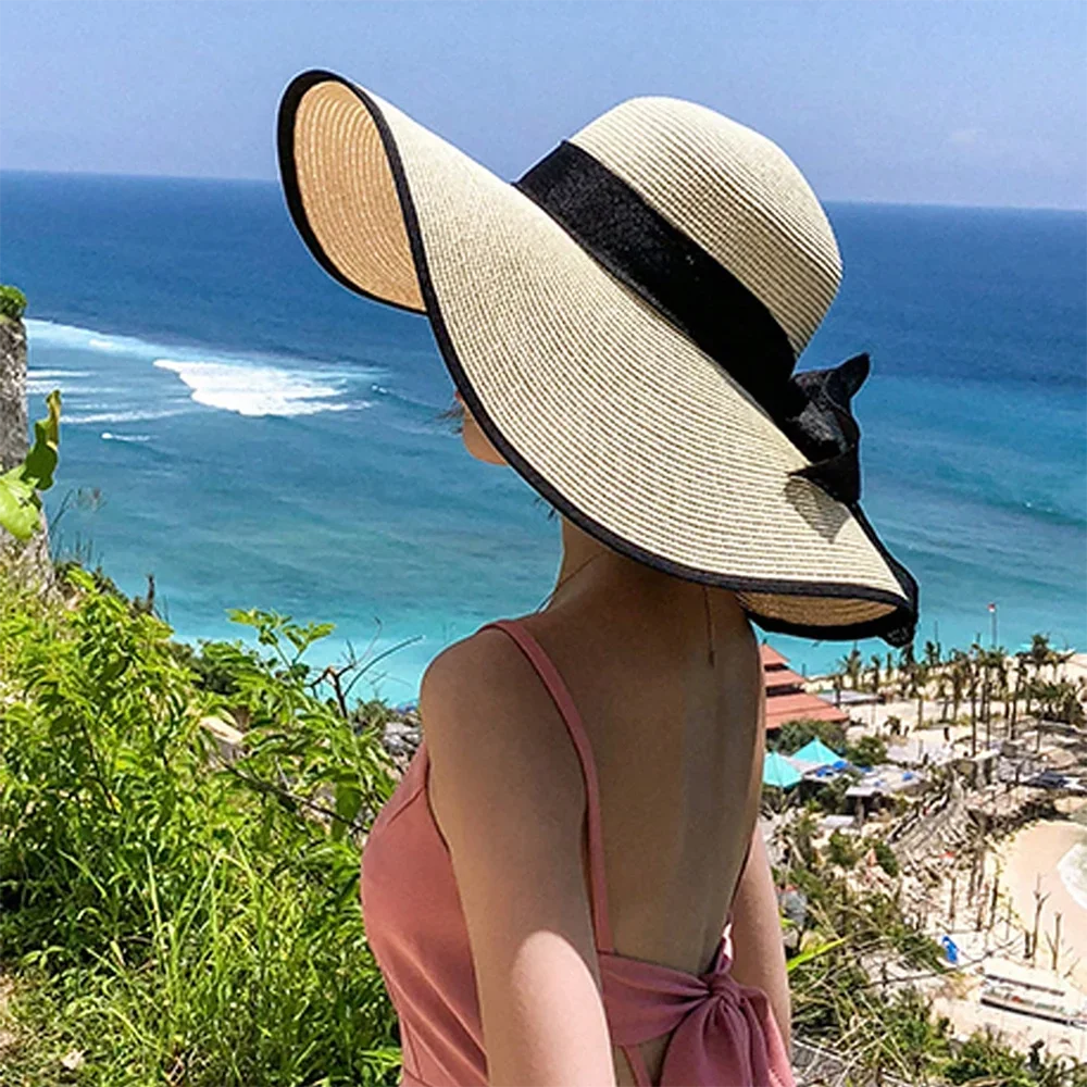 1pc Women's Oversize Brim Straw Hat Women's Summer Sun Block Big Brim Hat Seaside Bow Beach Hat Suitable For Sun Protection