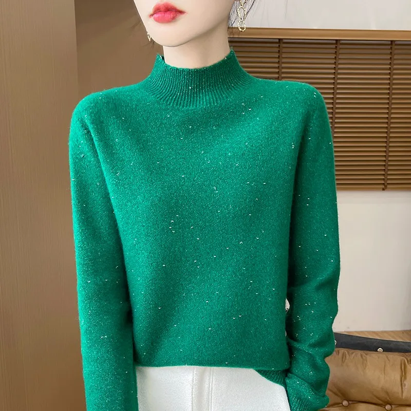 

100% Merino Wool Cashmere Sweater Women's Knit Sweater Turtleneck Long Sleeve Pullover Autumn/Winter Golden Bean Yarn Jumper Top