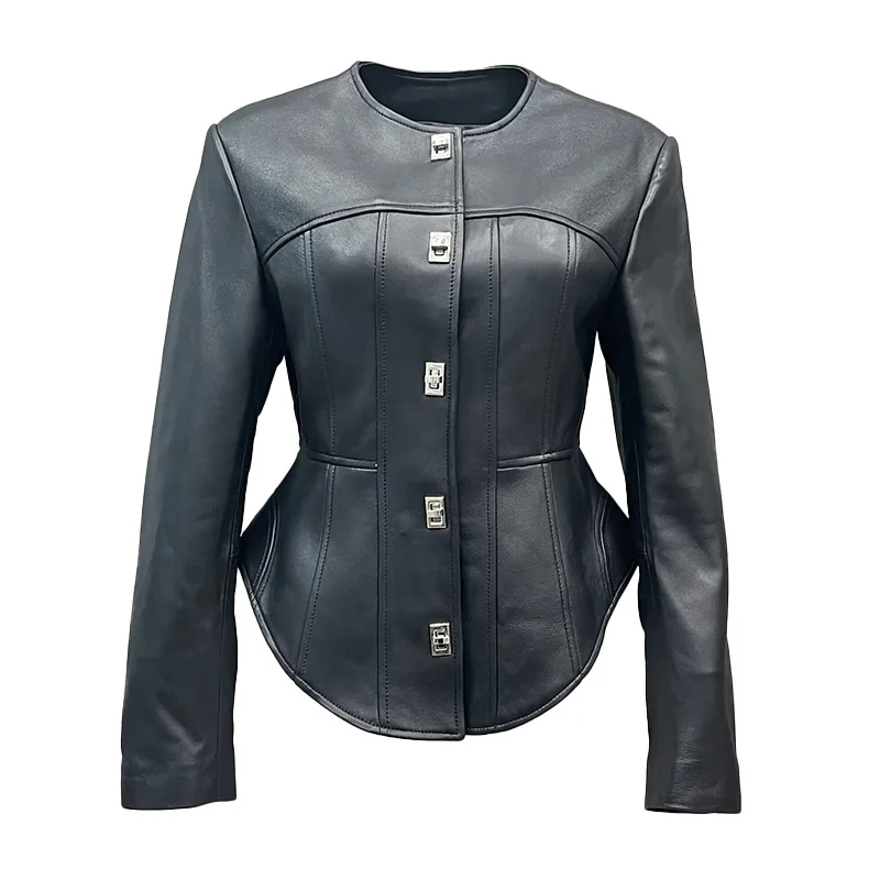 Lady New Style Leather Jacket Fashion Basque Waist Real Leather Coat Streetwear Female Clothing GT5541