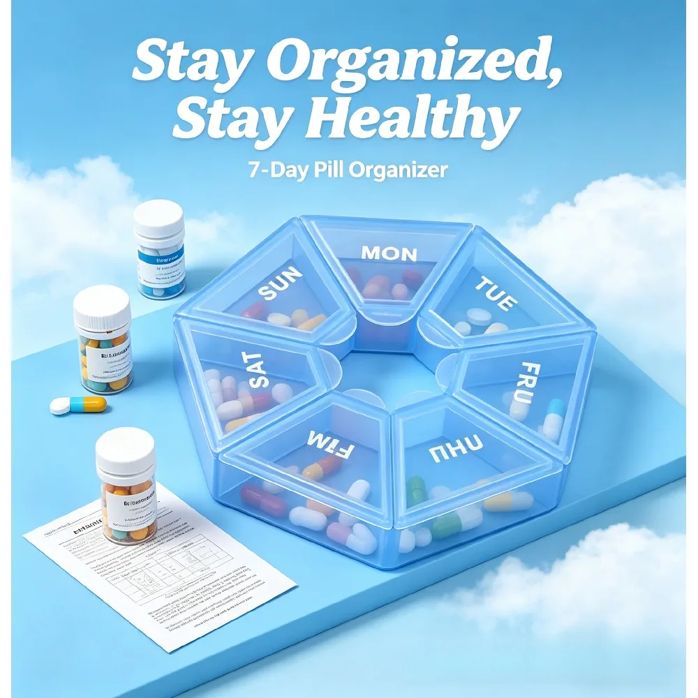 Portable 7 Day Weekly Pill Organizer, Blue Travel Pill Box, Compact Daily Medicine Container for Vitamins, Capsules & Supplements, 1 Pack