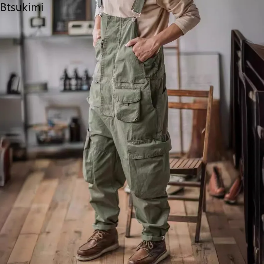 2026 الرجال الرجعية القطن استرخاء صالح البضائع السراويل رومبير موضة ملابس العمل بذلة فضفاضة مع جيوب الذكور Vintage مريلة وزرة