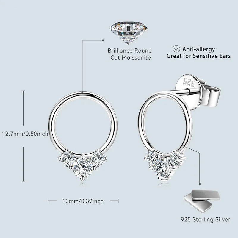 IOGOU Real 925 Silver Plated Gold Circle Stud Earrings Simple D Color Moissanite Drop Earrings Daily Wear Jewelry for Women OL