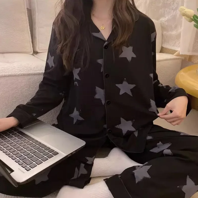 2024 Spring Autumn Women Pajama Sets Korean Thin Sleepwear Long-sleeved Trousers New Fashion Pijamas Star Print Homewear Clothes