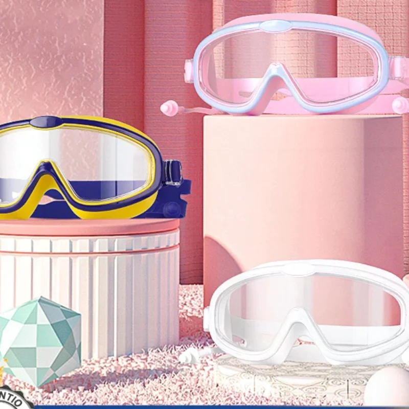 어린이용 큰 프레임 수영 고글 귀마개 포함 어린이용 김서림 방지 수영 안경 소년 소녀 수영장 해변용 수영 고글