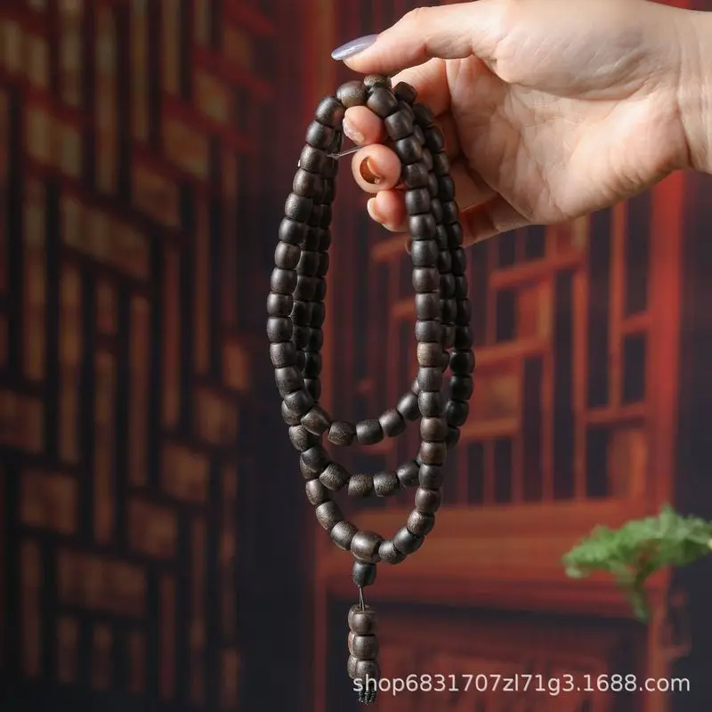wood carving , black Qi Nan agarwood, 108 barrel , multi-loop bracelet, wooden craft, 108 beads necklace