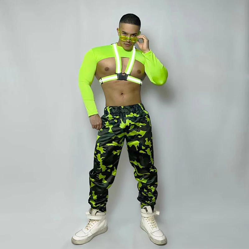 Nightclub Dj Ds Costume Muscle Man Gogo Dancing Clothes Fluorescence Green Tops Camouflage Pants Reflective Straps Outfit yj670